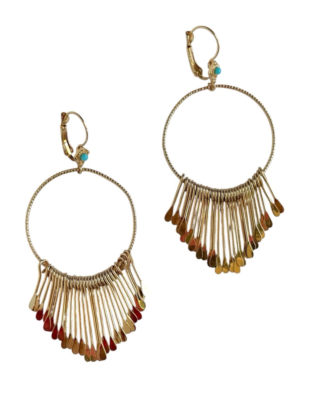 Boho Gold Fringe Hoop Earrings Turquoise Accent